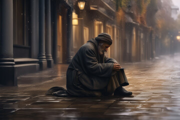 A stooped homeless man sits on a dirty street and looks down sadly.