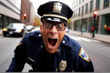 Funny crazy police officer. - obrazy, fototapety, plakaty