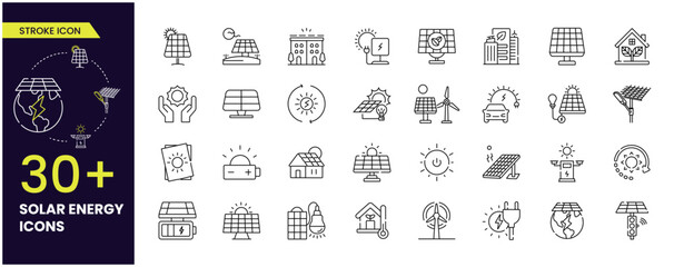 Solar panel stroke icon set with sun power home systems and renewable electric energy technology editable stroke line signs: house, cell, battery, vehicle.