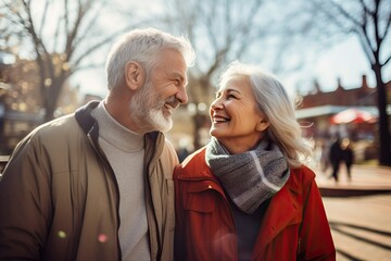 World Senior Citizens Day. International Day of Older Persons. Happy senior couple, elderly retired man and woman walking together outdoor sunny day