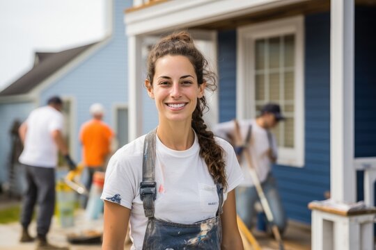 Beautiful woman house painter, on the background of the house