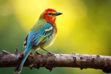 Fototapeta na wymiar A colorful bird perched on a branch. The bird has a red head, green body, and blue wings. The bird is facing to the right and appears to be alert