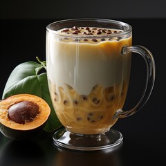 Coffee with passion fruit and figs in a beautiful glass mug. Fruit coffee. Generative AI