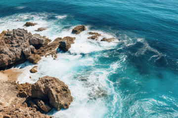 Rocky coastline with the ocean in the background. The rocks are a light brown color and are jagged and uneven, waves crashing against the rocks, aerial view