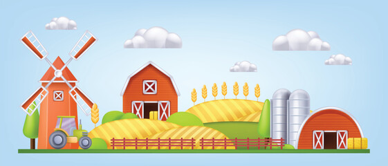 3D farm barn landscape, vector mill house front view, red silo cartoon agriculture building exterior. Rural wooden stable yellow wheat field, village barnyard granary tower clipart. Farm barn tractor © Oleksandra