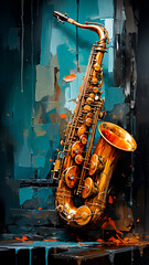 Naklejka premium A abstract Saxophone on the background of an oil painting. Illustration.