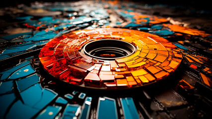 Colorful abstract background of a vinyl record with circular disc fragmented. - obrazy, fototapety, plakaty