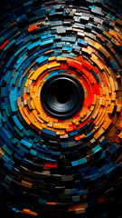 Colorful abstract background of a sound speaker with circular disc fragmented.
