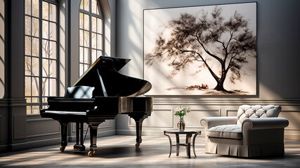 A black grand piano in the interior of the room.