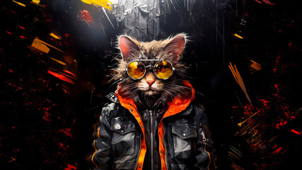 Fashionable cat wearing sunglasses and jacket on abstract background.