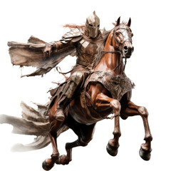 a Knight in armor on a sorrel rust-colored horse in motion in a Medieval-themed, photorealistic illustration in a PNG, cutout, and isolated. generative ai