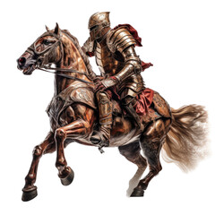 a Knight on a horse with sword 3/4 view in an isolated and transparent PNG in a Medieval-themed, photorealistic illustration. Generative ai