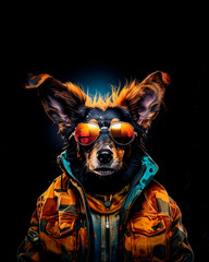 Portrait of a fashionable dog wearing a jacket and sunglasses on a black background.