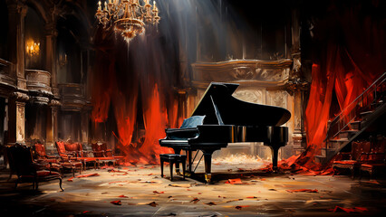 Grand piano in the interior of a theater. Oil painting style.