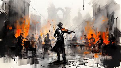 Violinist playing the violin in the city. Abstract illustration. - obrazy, fototapety, plakaty
