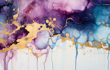 Splashes of bright paint on canvas. Pink, purple, blue, teal and gold colors. Interior artistic painting. Beautiful creative, graphic and modern background.