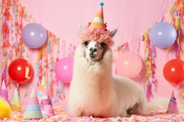 Foto op Plexiglas Cute funny llama wearing birthday hat, birthday greeting banner, copy space  © reddish