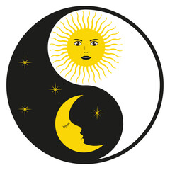 Yin yang illustration with sun and moon with stars on white background