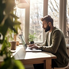 A young man with a beard is sitting at a laptop at a table against the background of large bright windows. The concept of communication in social networks, distance work, distance learnin