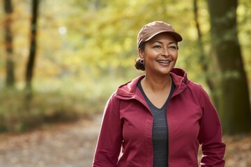Portrait of a Happy Woman Walking in a Park in Autumn, with Copy Space