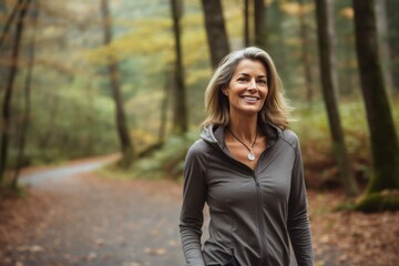 Portrait of a Smiling Middle-Aged White Woman Walking on Park Trail in Autumn Woods