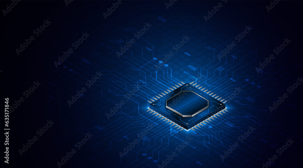 Aufkleber microchip processor circuit board technology on dark blue background. information processing concept