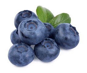 Many fresh ripe blueberries and leaves isolated on white
