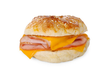 Delicious bagel with ham and cheese isolated on white