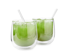 Delicious iced green matcha tea isolated on white