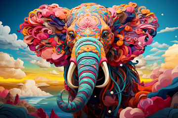 A beautiful elephant in bright colors against a background of blue sky and white clouds