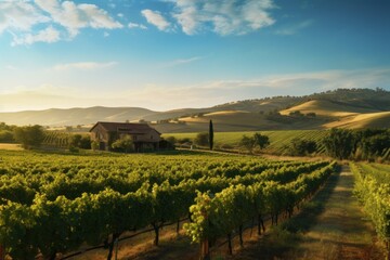 Vinicultural Harvest Reverie: Hyper-Detailed Vineyard Landscape with Ripe Grapes, Picking Labor, and Rustic Country Abode
