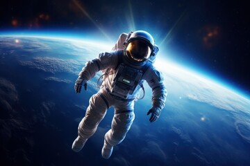 Astronaut's Cosmic View: Hyper-Realistic Image with Astronaut Floating, Earth Backdrop, Vast Space, Twinkling Stars, and Reflective Visor
 - obrazy, fototapety, plakaty