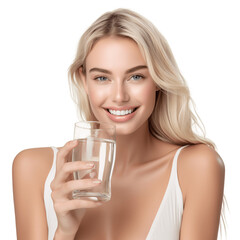  Beautiful blond woman holding a big glass of water. Isolated on transparent background.