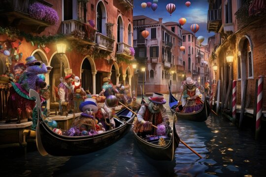 Venetian Carnival Splendor: Hyper-Realistic Scene of Gondoliers, Majestic Palaces, Masked Revelers, and Shimmering Canal Waters
