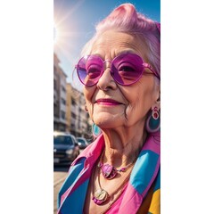Eccentric Joy: Vibrant Portrait of an Elderly Woman Embracing Life