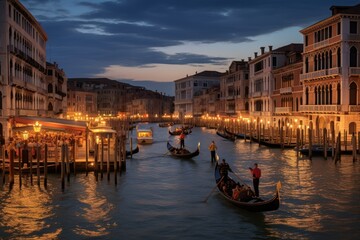 Fototapeta na wymiar Gondola Sunset Serenade: Hyper-Realistic Scene of Gondolier Serenading Tourists Through Canals, Historic Buildings Reflecting 