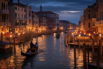 Fototapeta na wymiar Venetian Canal Serenade: Hyper-Realistic Scene of Gondolier's Melodies, Historic Buildings Reflected in Canals, Sunset's Golden Radiance 
