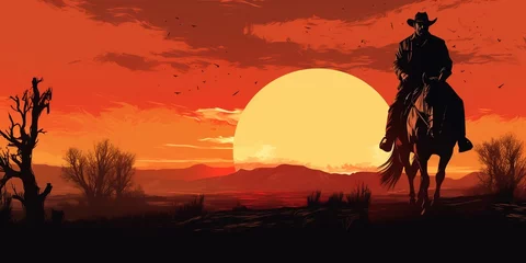 Foto auf Acrylglas Backstein A cowboy riding a horse in silhouette against a desert landscape sunset background, with copy space