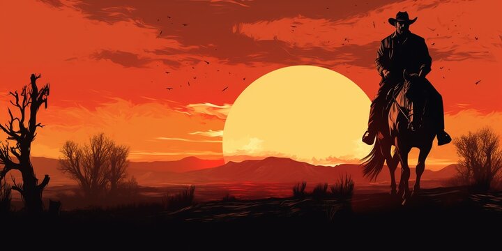A cowboy riding a horse in silhouette against a desert landscape sunset background, with copy space