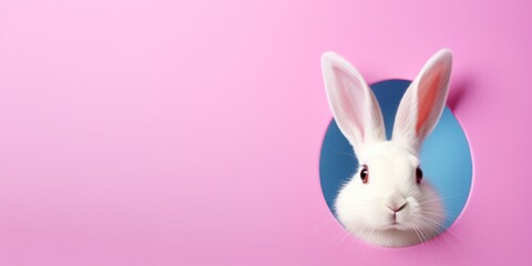 Obraz premium Cute rabbit peeking out of a hole from pink wall. Easter bunny banner, fluffy eared bunny, bunny jump out torn hole, Happy Easter celebration, spring, seasonal, festival, event, copy space.