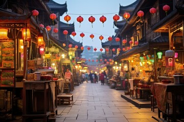 Obraz premium Asian Twilight Bazaar Delight: Hyper-Realistic Scene, Bustling Evening Market, Illuminated Paper Lanterns, Exotic Vendors, Ancient Temple in Distance 
