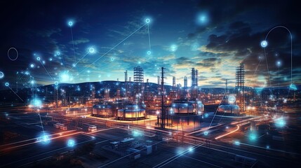 Modern factory, communication network. Telecommunication. IoT, Internet of Things, ICT, Information communication Technology,. Smart factory. Digital transformation, cloud connecting, generate by AI