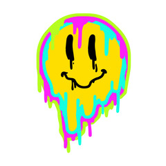 Fototapeta premium Acid smile face. Melted rave and techno symbol of 90s