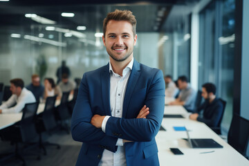 Obraz premium Portrait of successful boss, businessman in business suit looking at camera and smiling, man with crossed arms working inside modern office building