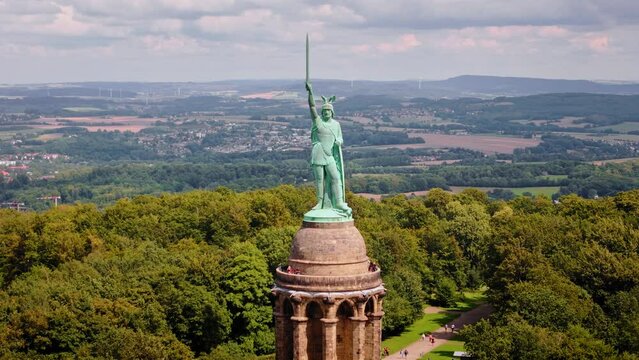 Hermann Monument (Hermannsdenkmal) near Detmold in the district of Lippe (North Rhine-Westphalia), in Germany. Aerial drone shot. 