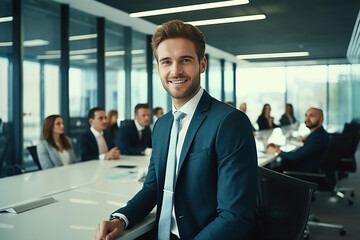 Portrait of successful boss, businessman in business suit looking at camera and smiling, man with crossed arms working inside modern office building