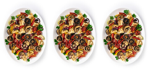 vegetarian BBQ mix on skewers, isolated on white