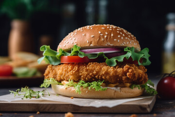 Burger with breaded chicken patty and vegetables. 