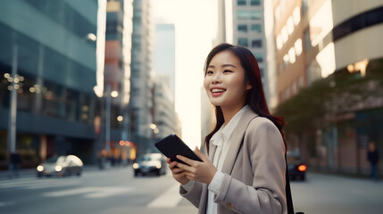 Young busy happy Asian business woman office professional holding cellphone in hands walking on big city urban street making corporate business call, talking on the cellular phone. Authentic shot