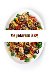 vegetarian BBQ mix on skewers, isolated on white